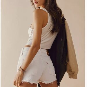 Levi’s High Rise White Distressed Raw Hem Jean Shorts